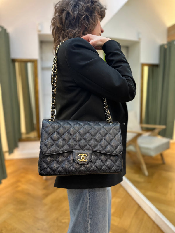 Chanel Black Caviar Leather Jumbo Double Flap