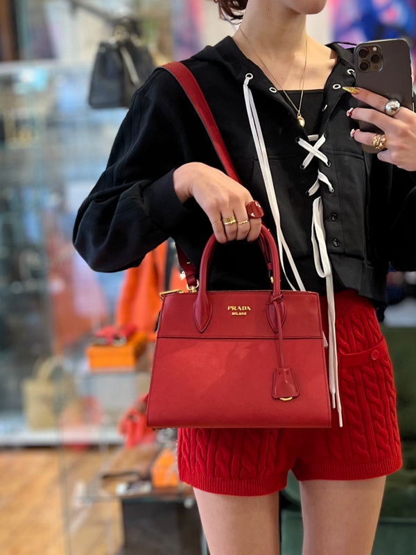 Prada Red "Paradigme" Saffiano Leather Shoulder Bag