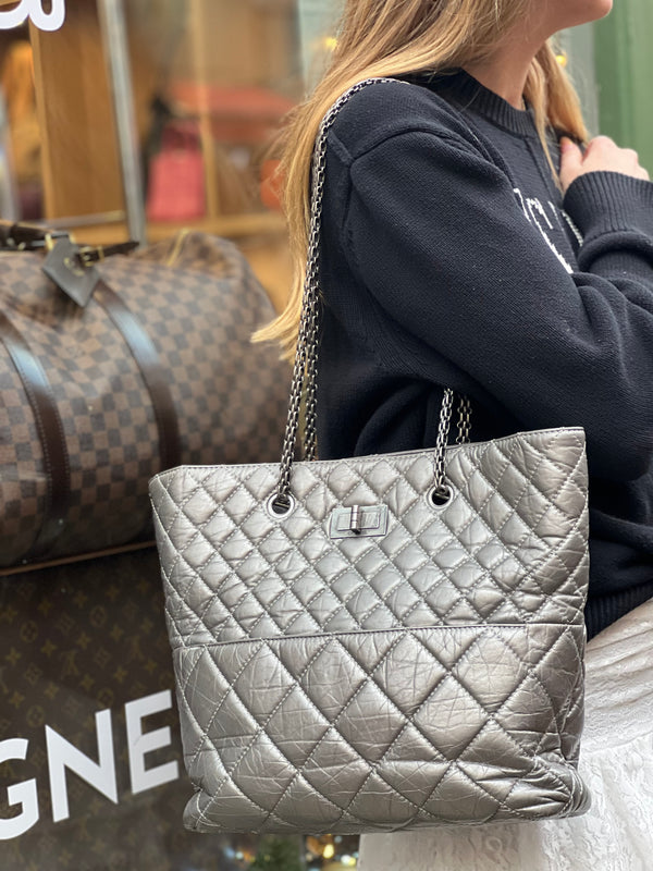 Chanel Silver Grey Lambskin Leather 2.55 Tote