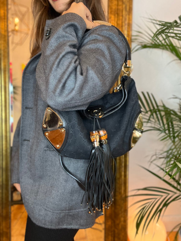 Gucci Monogram Canvas Bamboo Tassel Shoulder Bag