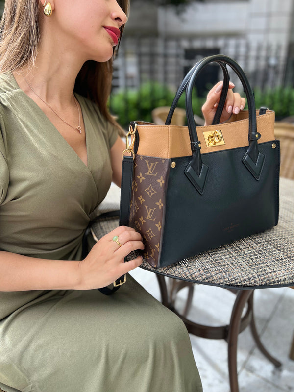 Louis Vuitton Black and Tan Leather and Canvas "On My Side''  Handbag