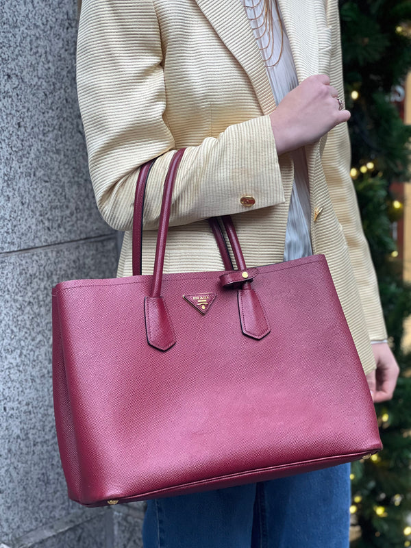 Prada Burgundy Saffiano Leather Double Tote