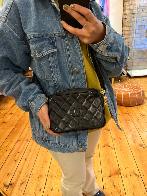 Chanel Vintage Black Lambskin Leather Camera Bag