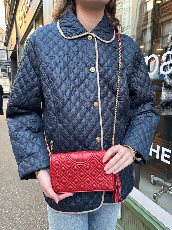 Tory Burch Red Embossed Leather "Fleming" Chain Crossbody