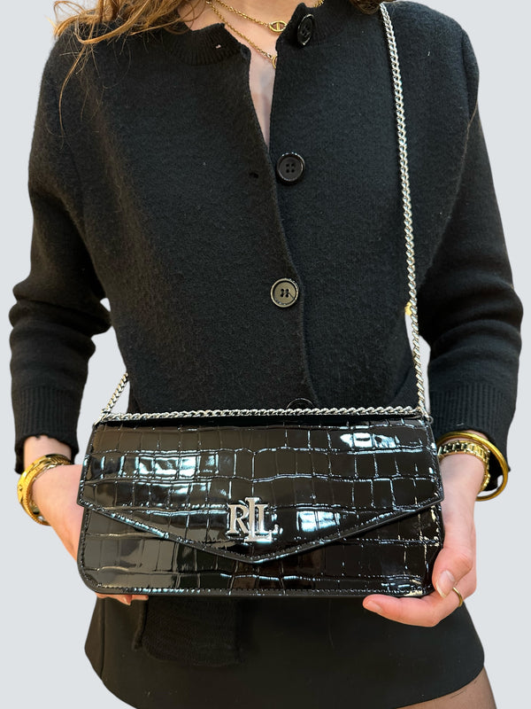 Ralph Lauren Black Patent Leather "Sawyer" Shoulder Bag