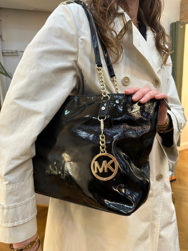 Michael Kors Black Patent Leather Chain Tote