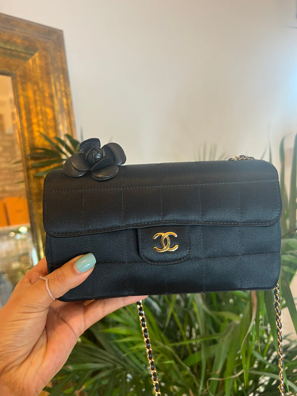 Chanel Black Satin Camellia Evening Bag