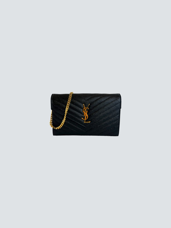 Saint Laurent Black Chevron Leather Cassandree Wallet on Chain