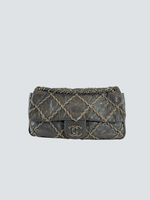 Chanel Grey Lambskin Stitched Leather Shoulder Bag