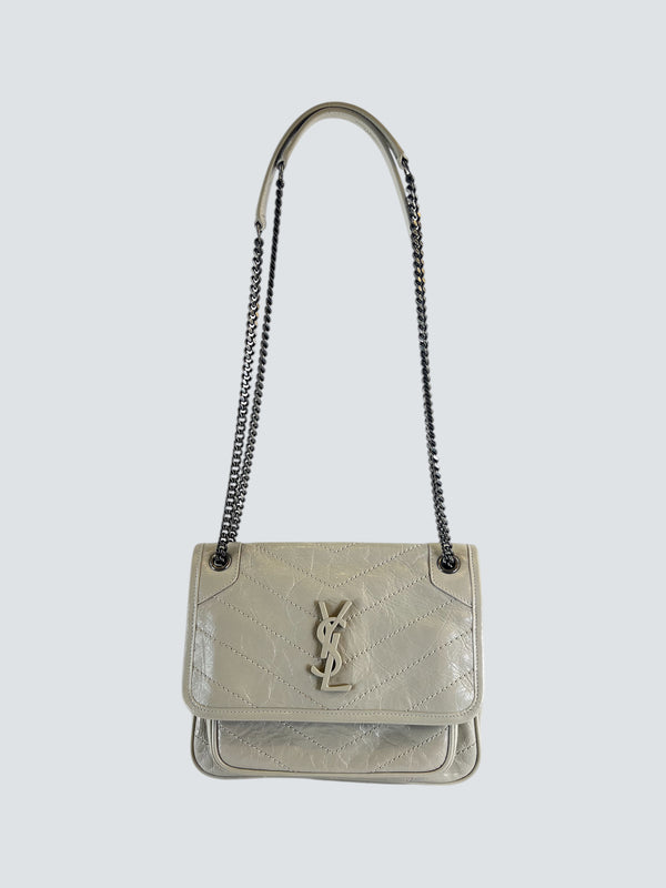 Saint Laurent Off White Niki Baby Vintage Crinkled
Leather Chain Bag