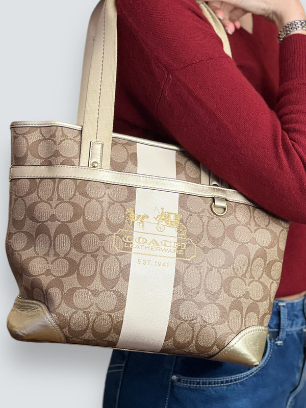 Coach Gold Leather & Canvas Tote