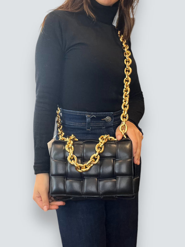 Bottega Black Quilted Leather Chain Cassette Shoulder Bag