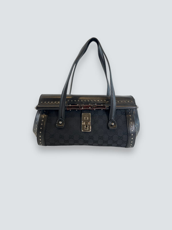 Gucci Black Limited Edition Monogram Canvas & Leather With Bamboo Detail Shoulder Bag