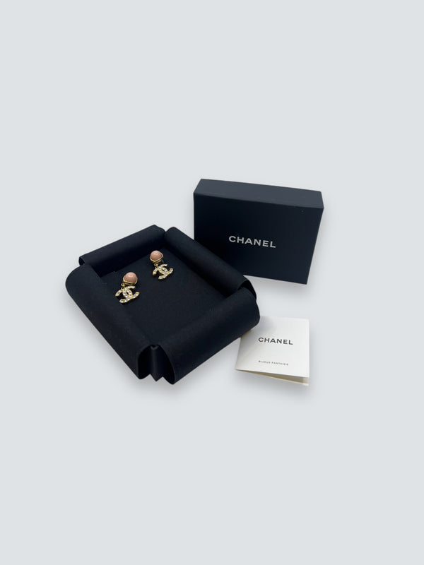 Chanel Gold Crystal & Pearl CC Drop Earrings