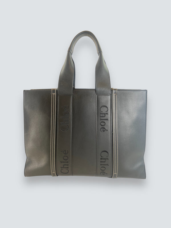 Chloe Black Soft Calfskin Leather Large "Woody" Tote