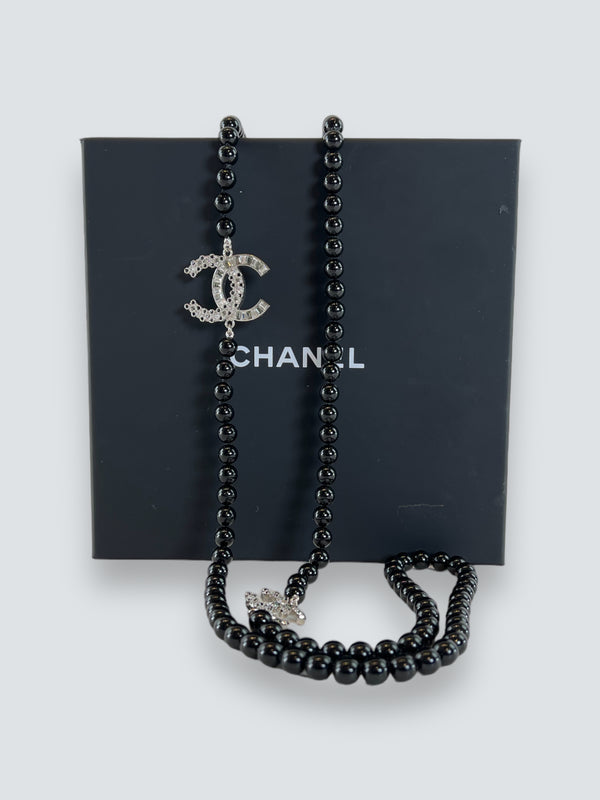 Chanel Black Faux Pearl Iconic Long CC Necklace