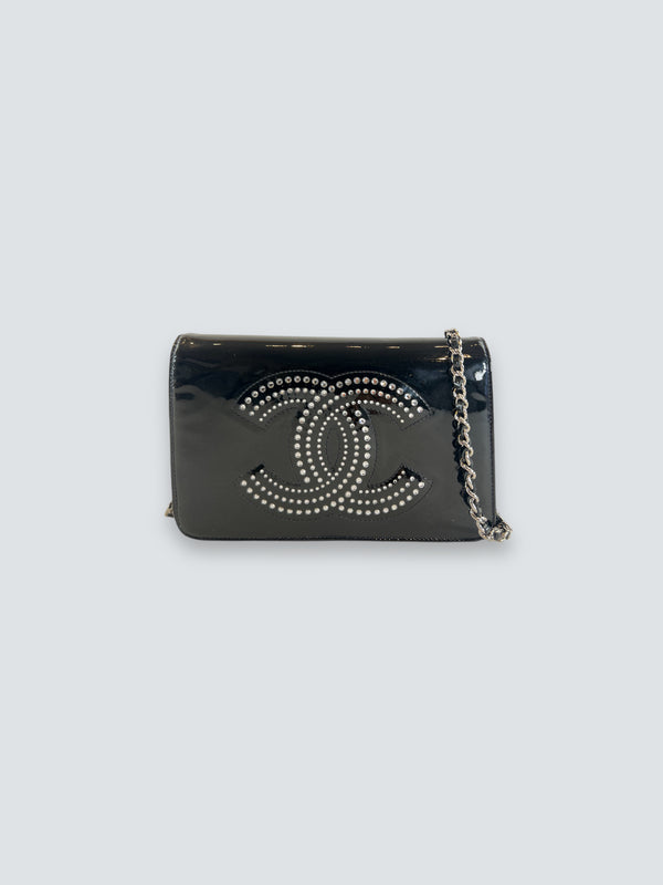 Chanel Black Patent Leather Wallet on Chain with Diamonte CC