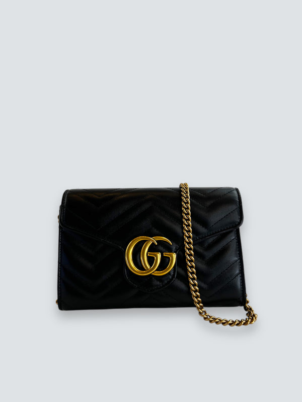 Gucci Black Chevron Leather Marmont Mini Chain Crossbody