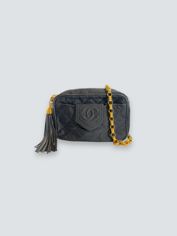 Chanel Vintage Black Satin and Leather Camera Bag