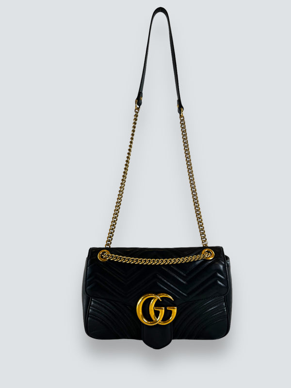 Gucci Black Leather Medium GG Marmont Crossbody