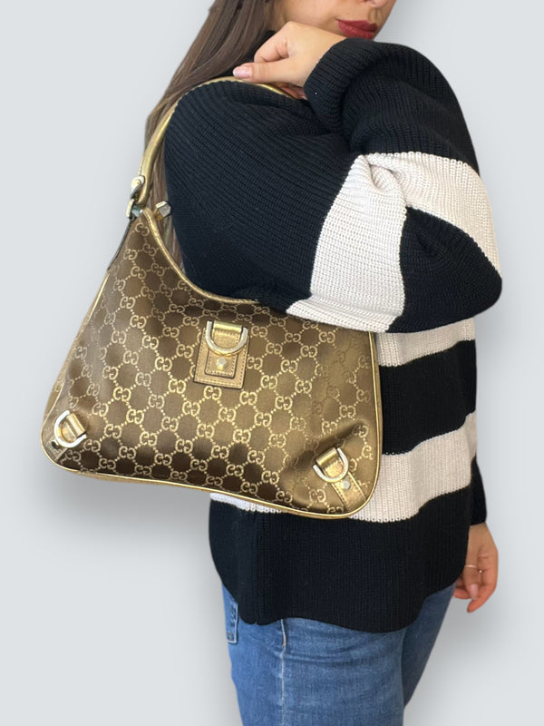 Gucci Gold Monogram Canvas & Leather Shoulder Bag