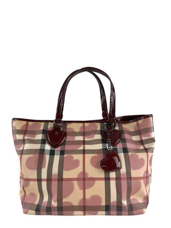 Burberry Checked Canvas Heart Print Tote with Burgundy Red Leather Trim