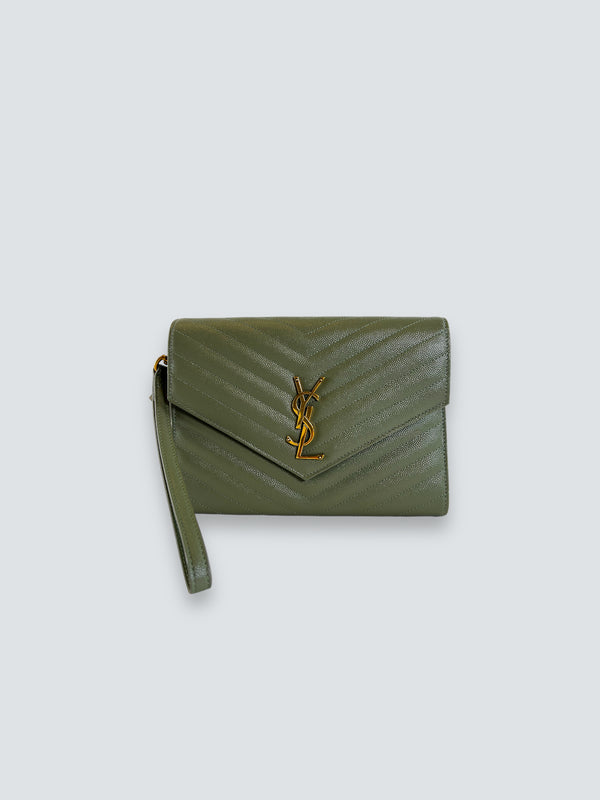 Saint Laurent Sage Green Cassandre Matelassé Flap Pouch in Quilted Grain de Poudre Embossed Leather