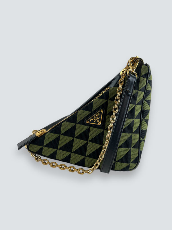 Prada Black & Green Leather & Canvas "Symbole" Small Shoulder Bag