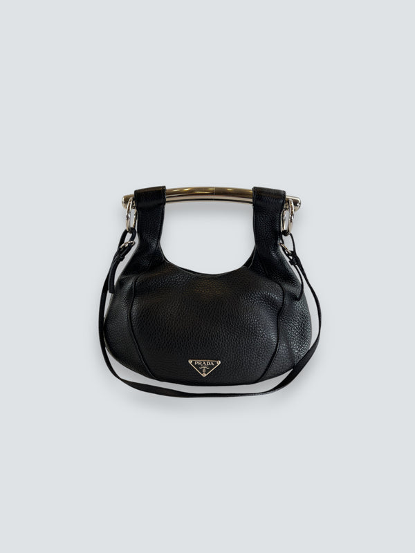 Prada Black Leather Vitello Daino Metal Bar Top Handle Shoulder Bag