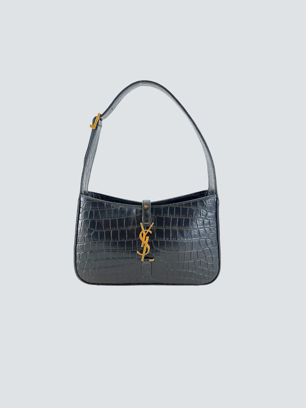 Saint Laurent Black Croc Effect Leather Shoulder Bag