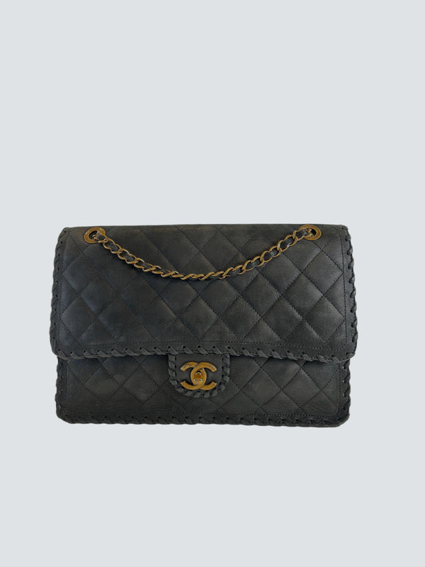 Chanel Black Stitched Leather Single Flap