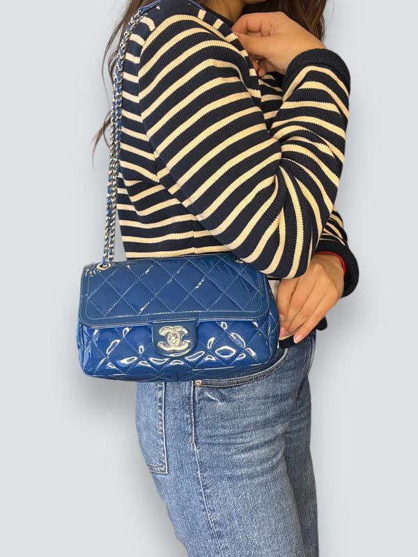 Chanel Blue Matelasse Patent Leather Mini Rectangular Single Flap