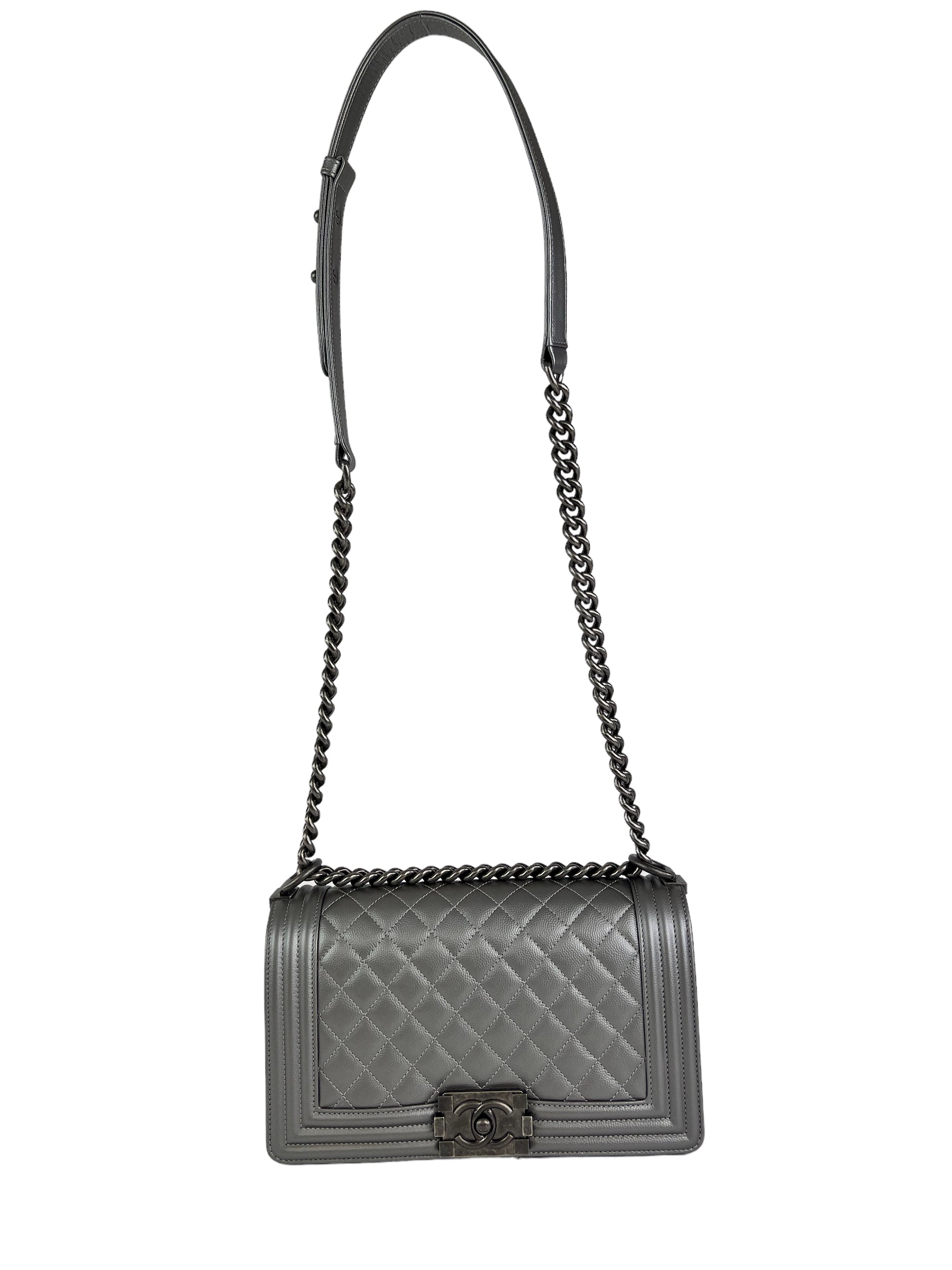 Chanel Metallic Silver Calfskin Leather Medium Boy Bag