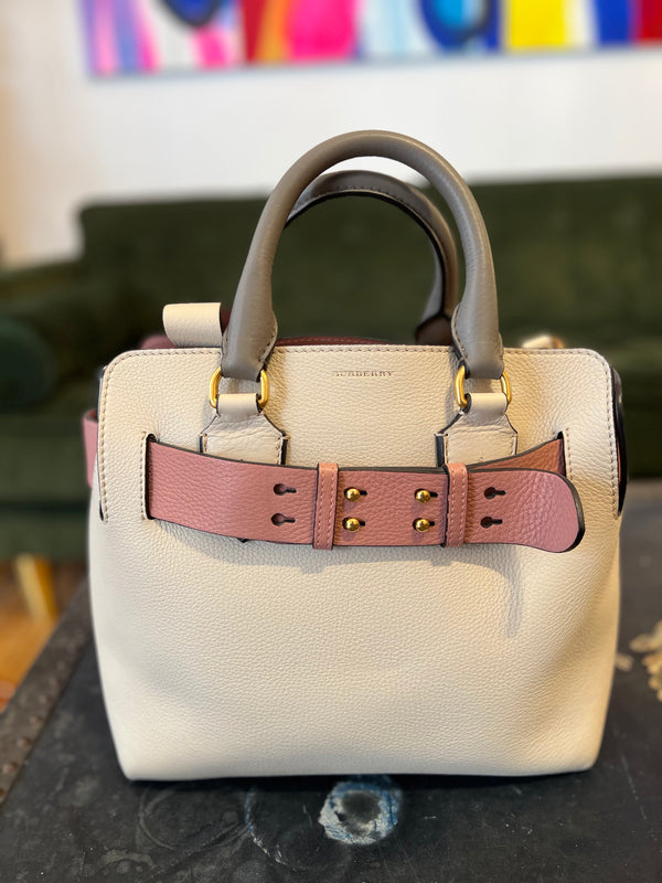 Burberry Taupe & Pink Grained Leather Belt Tote