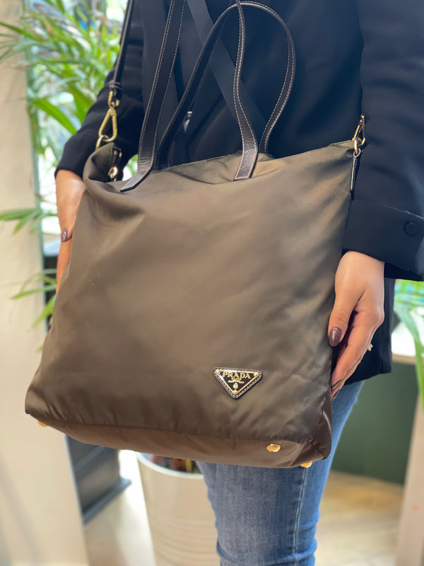 Prada Khaki Nylon & Brown Leather Tote