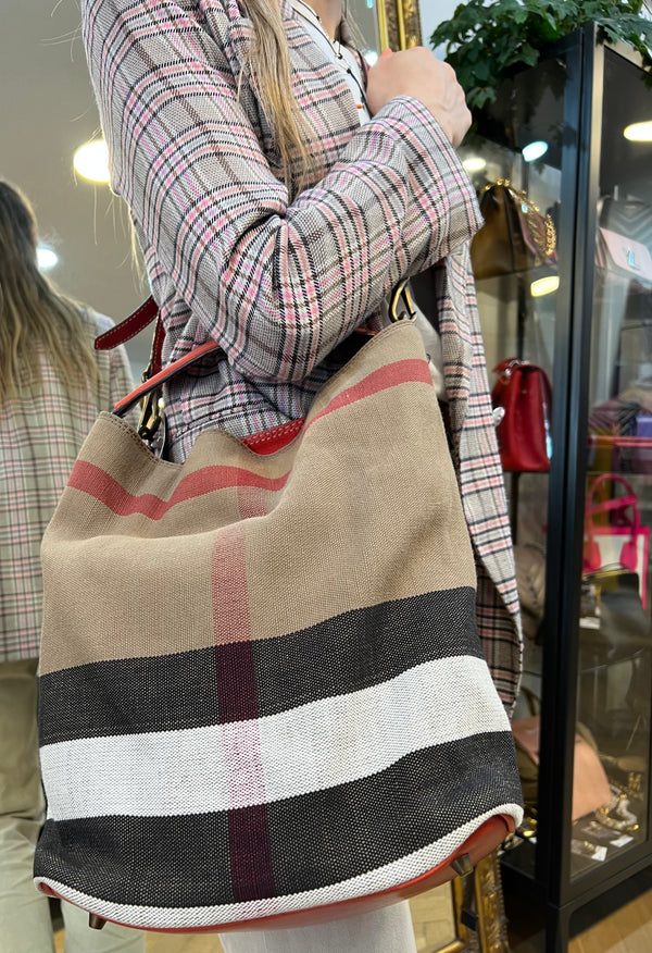 Burberry Checked Bucket Handbag With Red Leather Trim