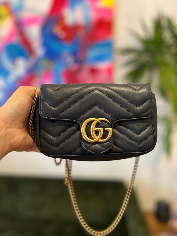 Gucci Black Chevron Leather Mini Marmont Crossbody