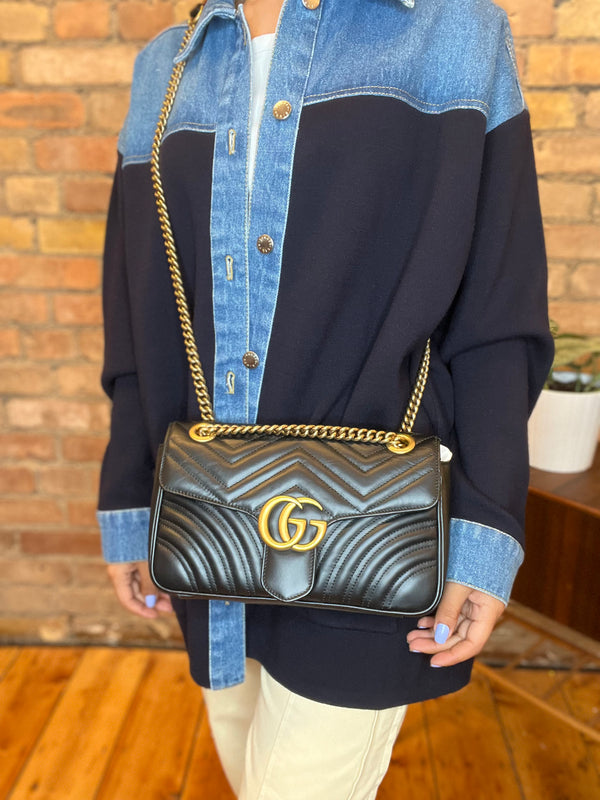 Gucci Black Chevron Leather GG Marmont Shoulder Bag