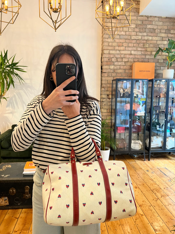 Gucci Red & White Heart Print Canvas & Leather Boston Joy Tote