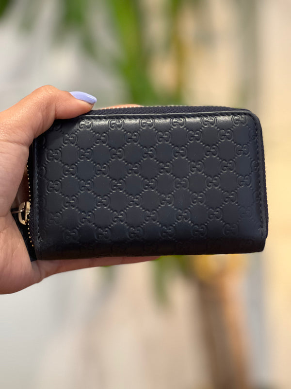 Gucci Black Leather Embossed Mini Zip Around Wallet