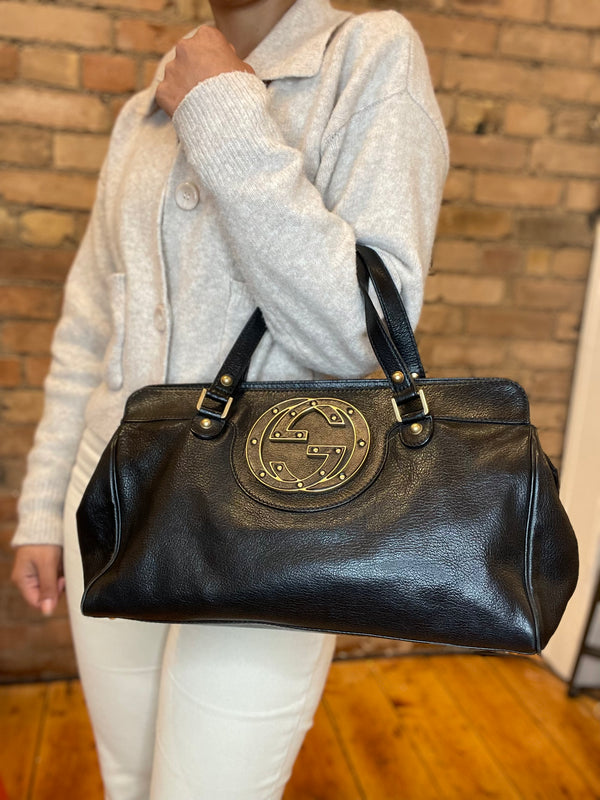 Gucci Black Leather Tote with Large GG Logo