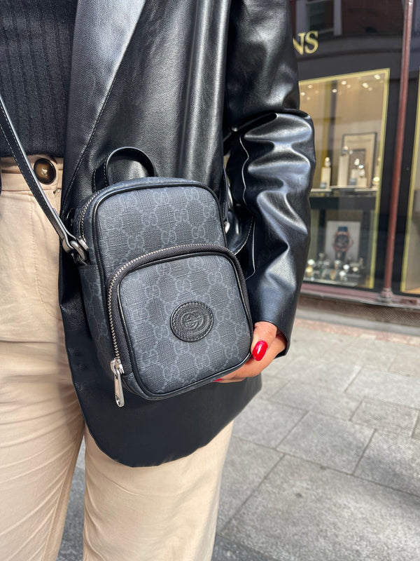 Gucci Black Leather Monogram Crossbody Messenger