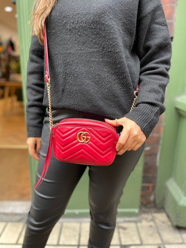 Gucci Red Chevron Leather Mini Marmont Crossbody