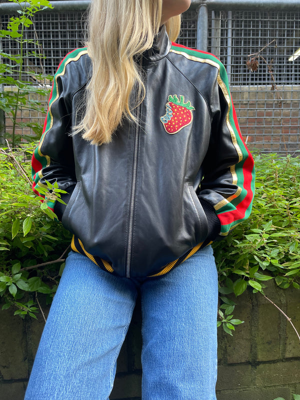 Gucci Black Leather Strawberry Embroidered Bomber Jacket - UK 10