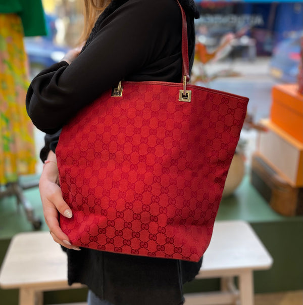 Gucci Red Monogram Canvas Tote