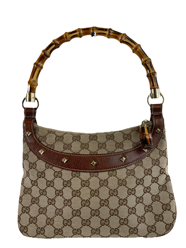 Gucci Monogram Canvas Bamboo Handle Shoulder Bag