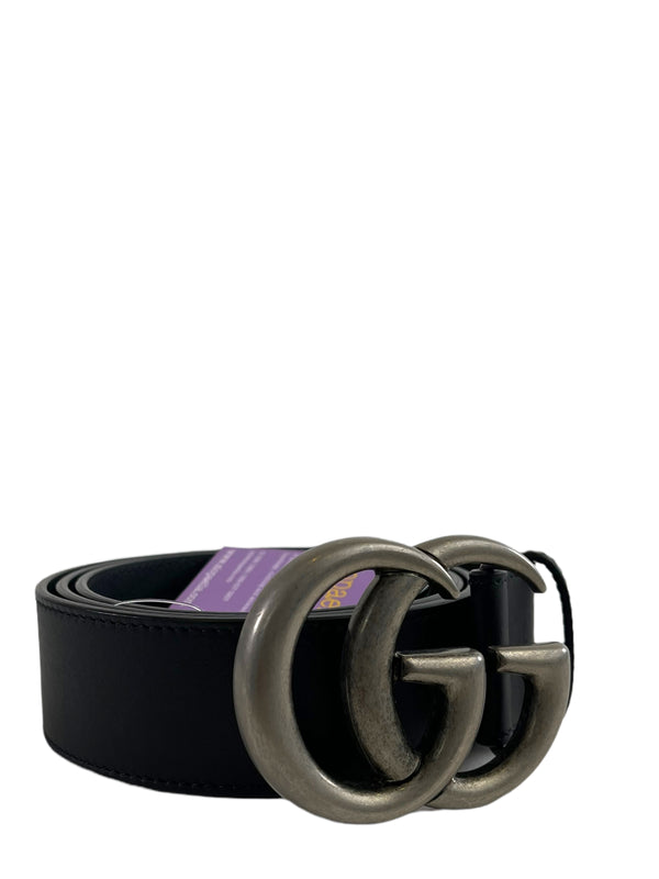 Gucci Black Leather Gunmetal GG Belt - Size 95/38