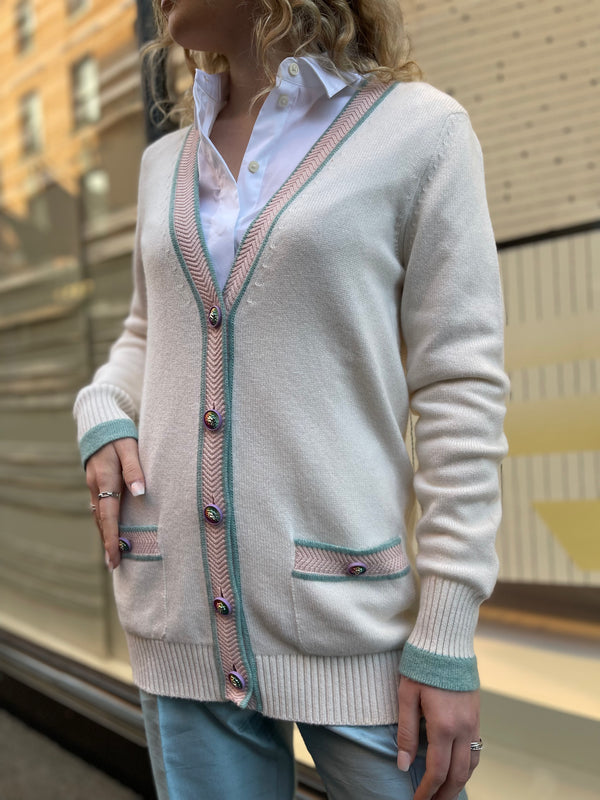 Chanel Pink & Cream 100% Cashmere Cardigan - UK 14