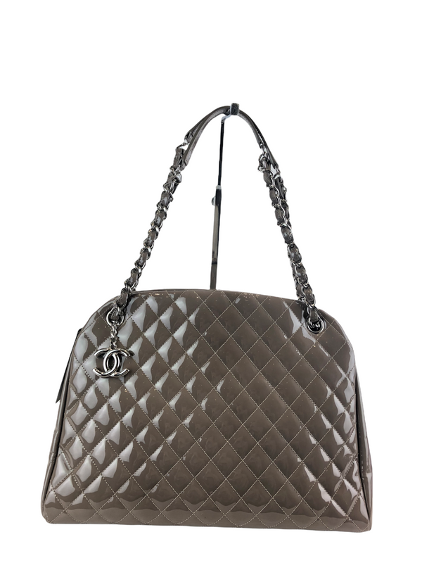 Chanel Taupe Grey Patent Leather ‘Just Mademoiselle’ Chain Tote