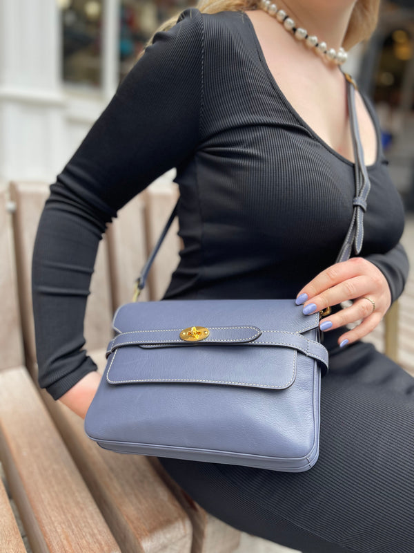 Mulberry Bue/Grey Leather Belted "Bayswater" Crossbody Satchel